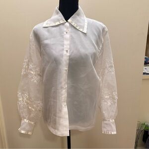 Susan Bristol 80s Elegant White Sheer Blouse with Embroidered Sleeves